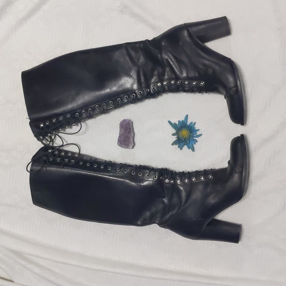 Black Knee High Leather Zipper Heel Boots